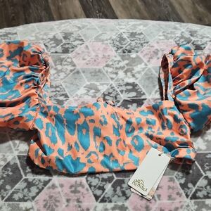 Agua Bendita Orange and Blue Ruched Blouse